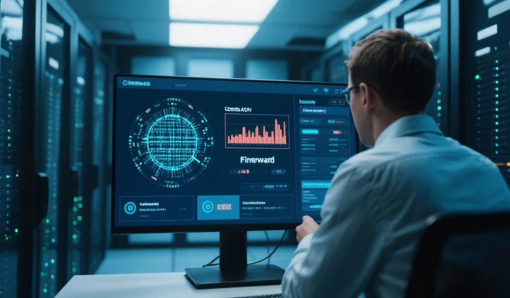 现代科技感的服务器房间，工作人员正在检查数据安全系统，屏幕上显示着加密算法和防火墙界面